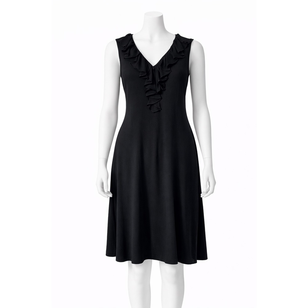 Lauren Ralph Lauren Black Ruffle V Neck Sleeveless Dress L Stretch Knit